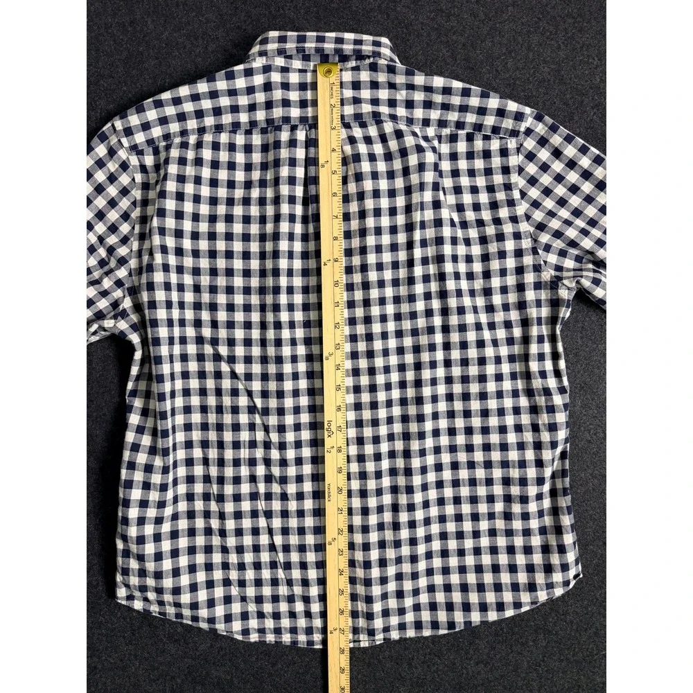 J. Crew Mens XL Slim Untucked Secret Wash Gingham Shirt Navy Blue White Organic